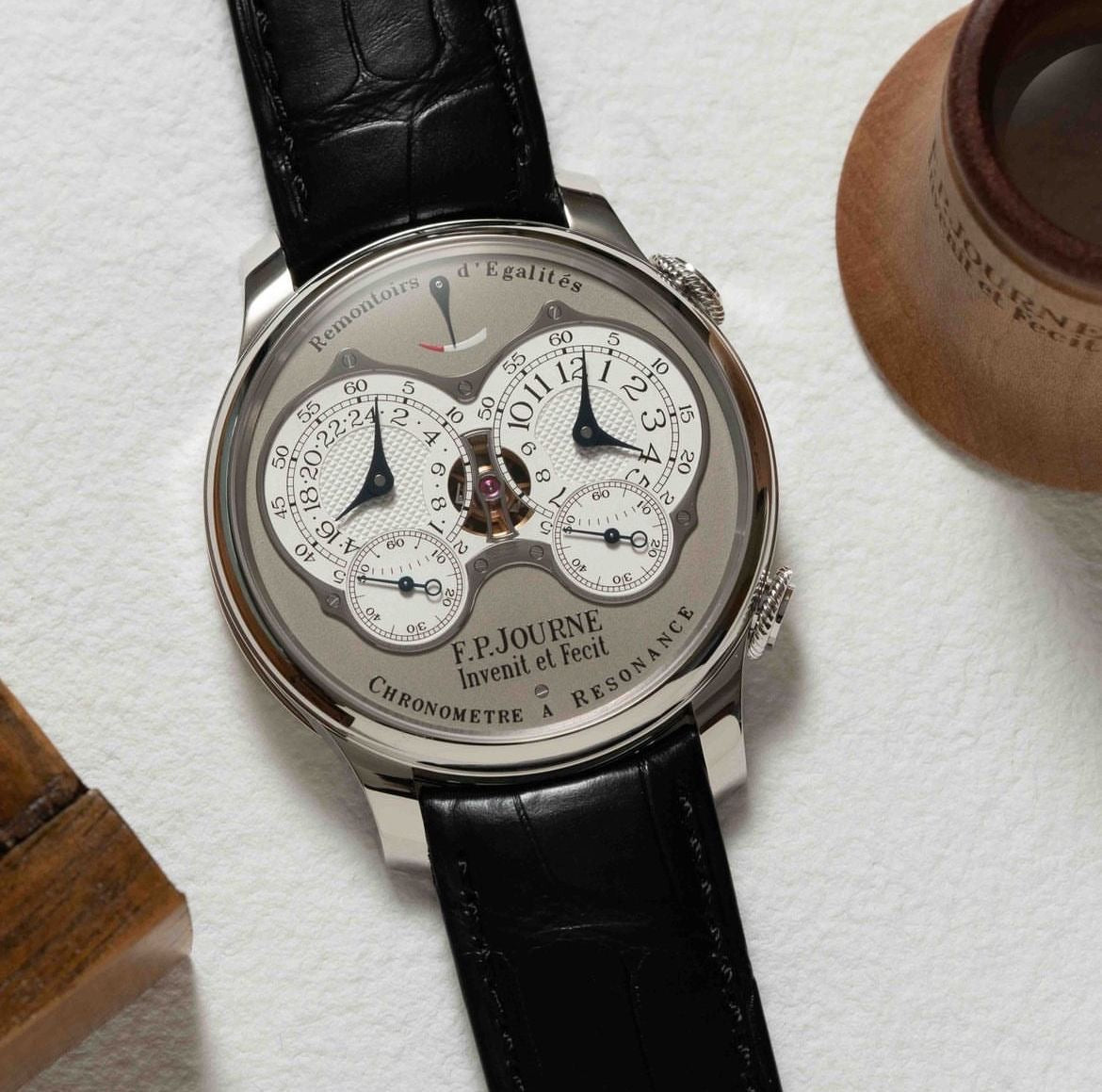 F.P. Journe Resonance 2024, platinum case, dual time display, manual-winding movement, full set, unworn condition, collector’s timepiece.