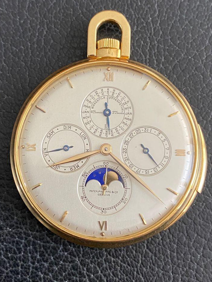 Patek Philippe Ref: 699 Yellow Gold 1938 Pocket Watch Roman Numerals Perpetual Calendar Minute Repeater
