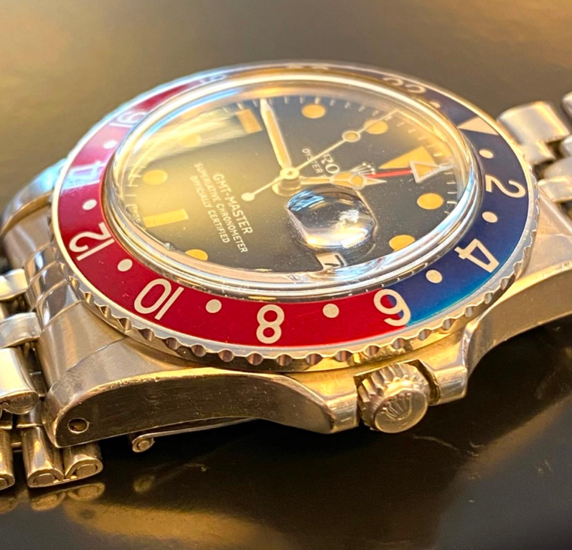 Vintage Rolex GMT-Master Ref: 1675 from 1972, unpolished stainless steel, 40mm case with Pepsi bezel.