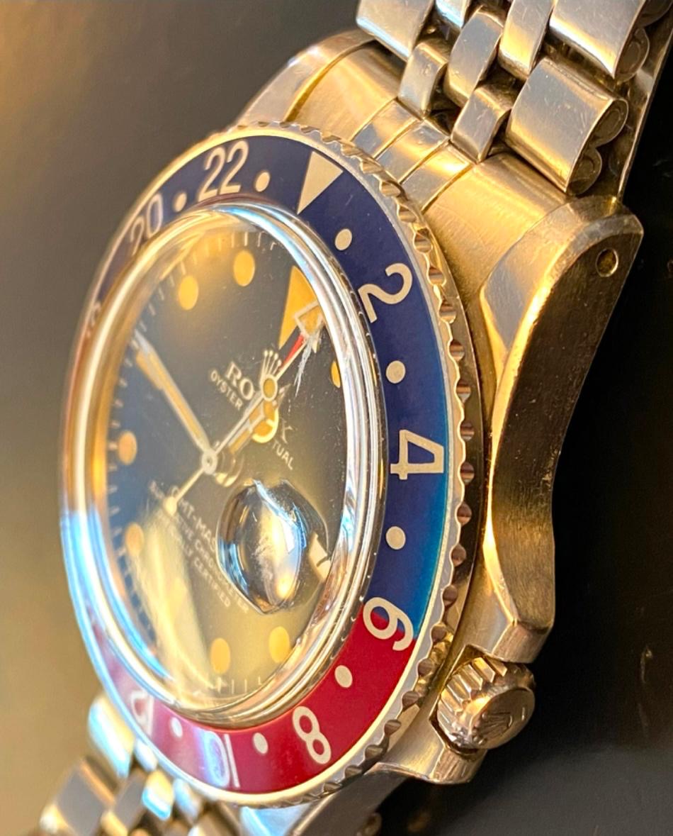 Vintage Rolex GMT-Master Ref: 1675 from 1972, unpolished stainless steel, 40mm case with Pepsi bezel.