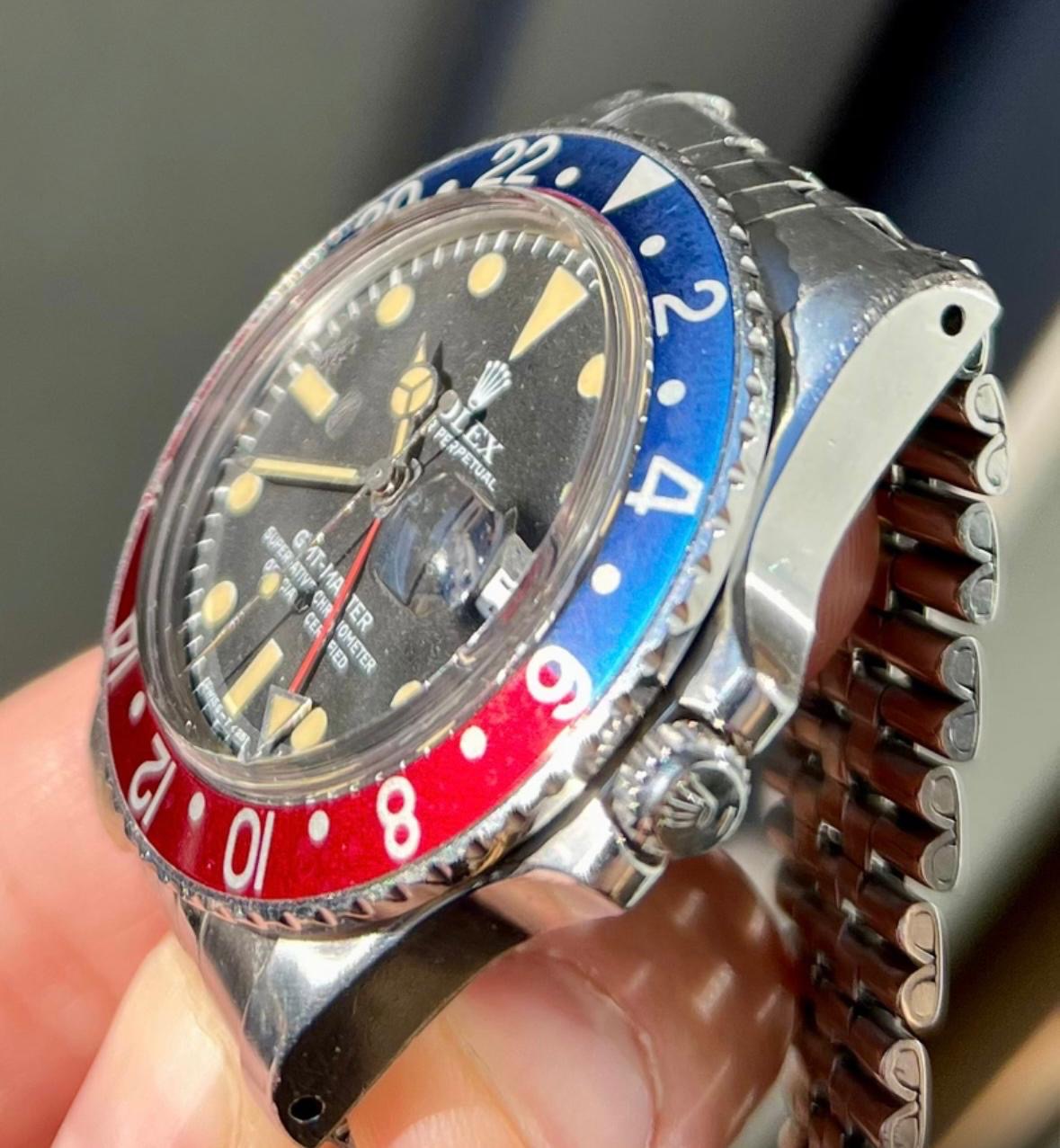 Vintage Rolex GMT-Master Ref: 1675 from 1972, unpolished stainless steel, 40mm case with Pepsi bezel.