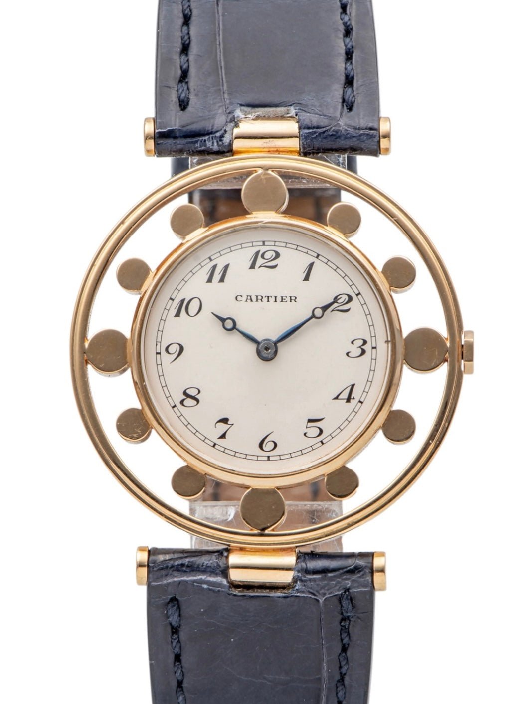 Vintage Cartier Gouvernail watch in yellow gold, circa 1960, featuring Breguet numerals, blue steel hands, and a unique cylindrical hour marker design.