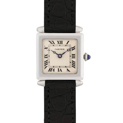Cartier Tank Obus 1926 in platinum, featuring a rare square case and Art Deco-inspired design. A highly collectible vintage Cartier masterpiece.