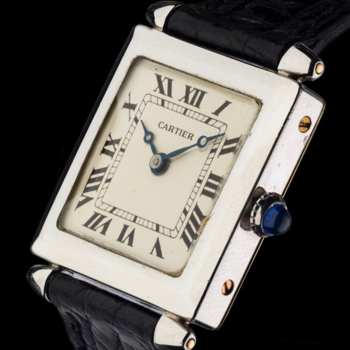 Cartier Tank Obus 1926 in platinum, featuring a rare square case and Art Deco-inspired design. A highly collectible vintage Cartier masterpiece.