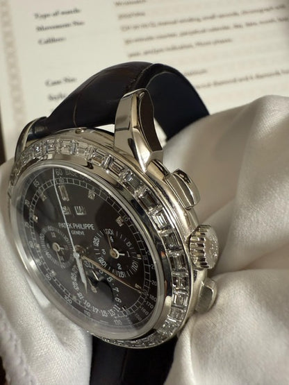 Patek Philippe Ref. 5971 Platinum, perpetual calendar chronograph with baguette diamond bezel. 2010 example with Letter of Archives & extra platinum caseback.