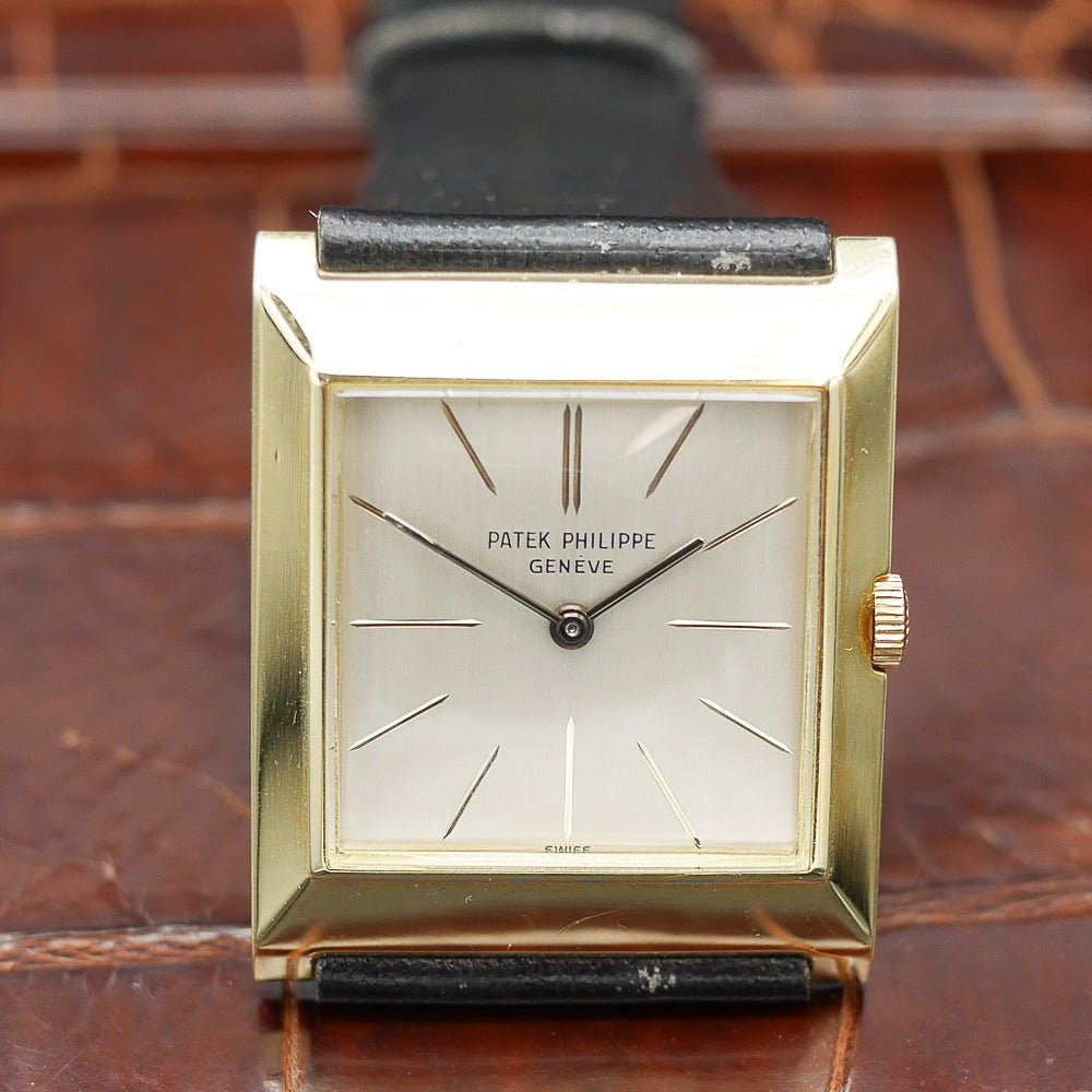 Patek Philippe square watch in yellow gold, circa 1960, featuring a timeless design and manual-winding movement.