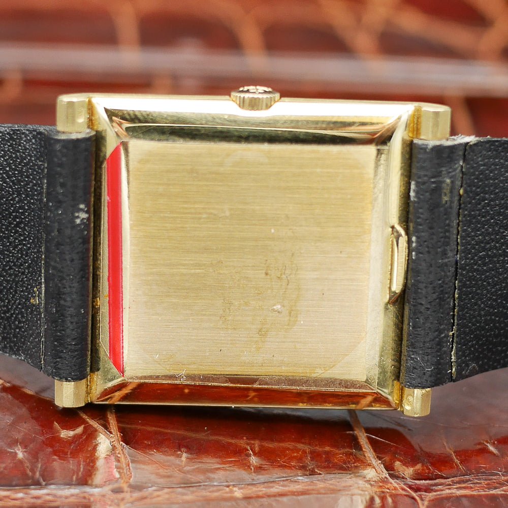 Patek Philippe square watch in yellow gold, circa 1960, featuring a timeless design and manual-winding movement.