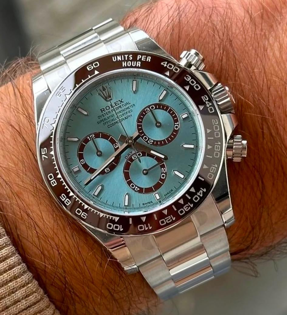 Rolex Daytona Ref: 126506, 2024, platinum, ice blue dial, full set, new condition, chronograph luxury watch.