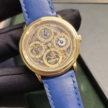 Audemars Piguet Perpetual Calendar Ref. 5558BA in 18k yellow gold from 1982, featuring a skeletonized dial and perpetual calendar complications.

