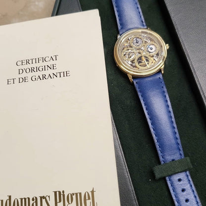 Audemars Piguet Perpetual Calendar Ref. 5558BA in 18k yellow gold from 1982, featuring a skeletonized dial and perpetual calendar complications.