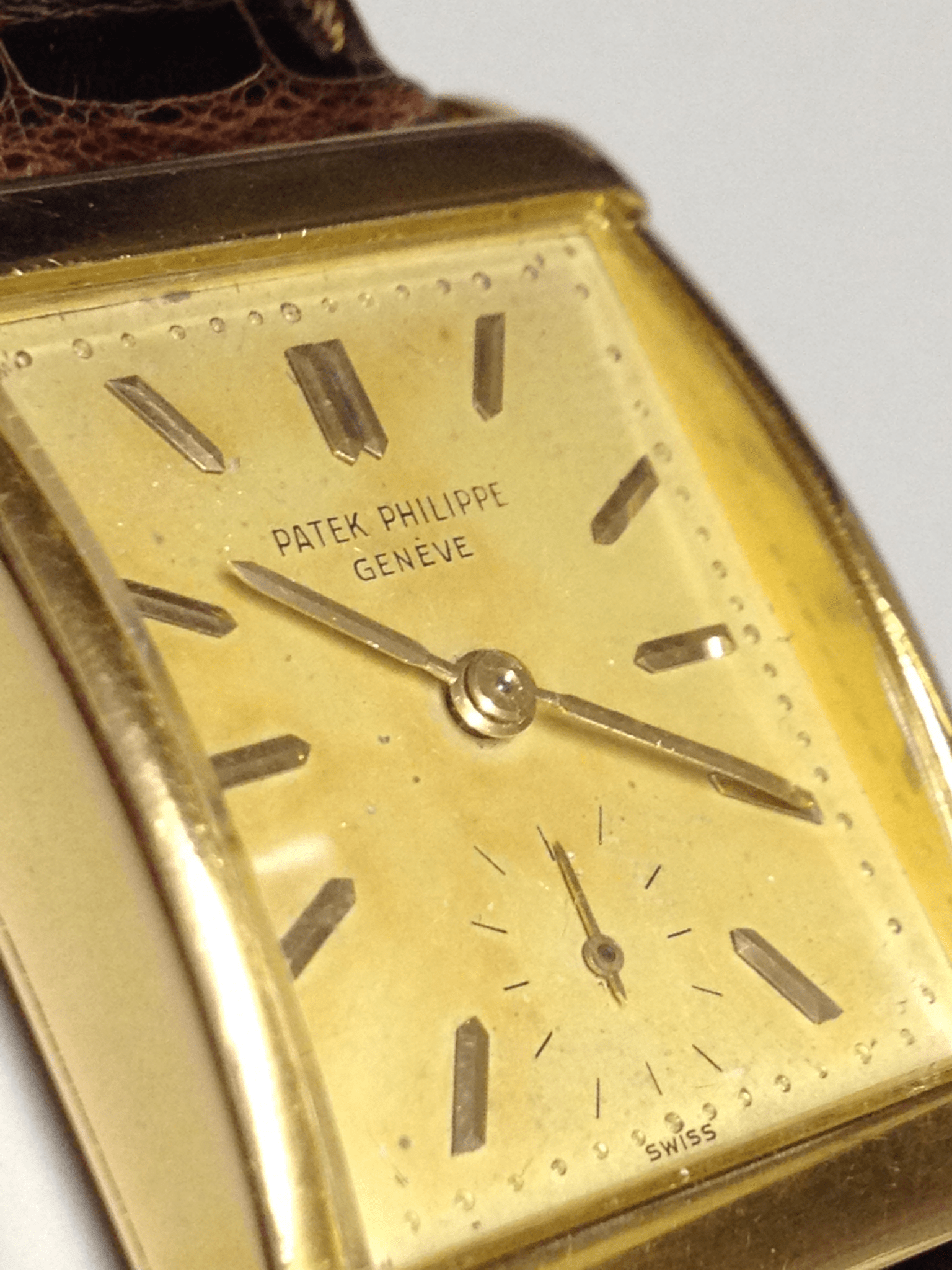 Patek Philippe Rectangular Wristwatch with an amazing patina, Ref 2531 in Yellow Gold, Circa 1950.