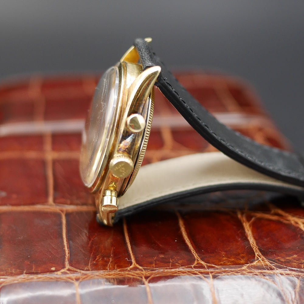 Side view of the Rolex Ref. 4500 in yellow gold, highlighting its elegant profile and crown detail.